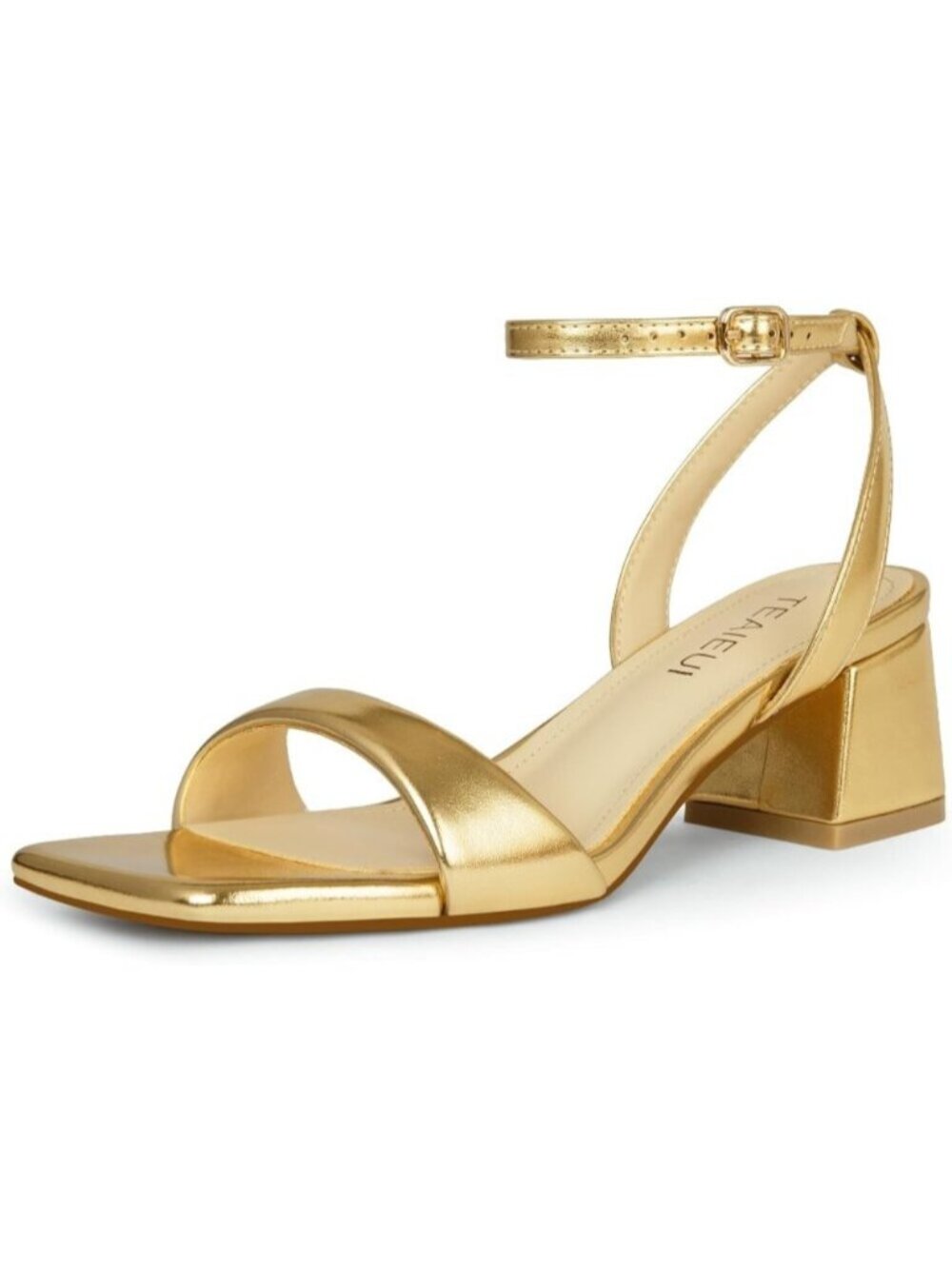 Women's Gold Faux Leather Comfortable Square Open Toe Ankle Strap Heeled Sandals